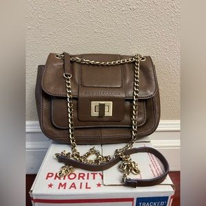 BCBG MAXAZRIA Leather Brown Chain Strap Crossbody And Chain Top Handle